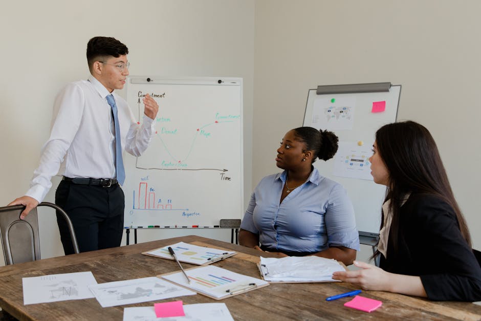 A diverse group of colleagues engaged in a business meeting with a whiteboard presentation and documents.